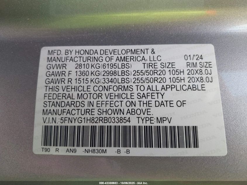 2024 Honda Pilot Elite VIN: 5FNYG1H82RB033854 Lot: 43380683