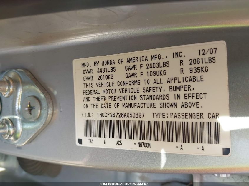 2008 Honda Accord 2.4 Ex VIN: 1HGCP26728A050897 Lot: 43380686