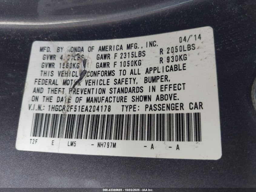 2014 Honda Accord Sport VIN: 1HGCR2F51EA204178 Lot: 43380689