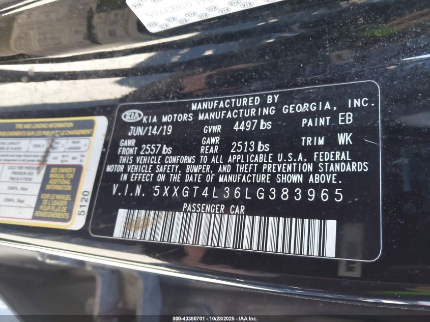 2020 Kia Optima Lx VIN: 5XXGT4L36LG383965 Lot: 43380701