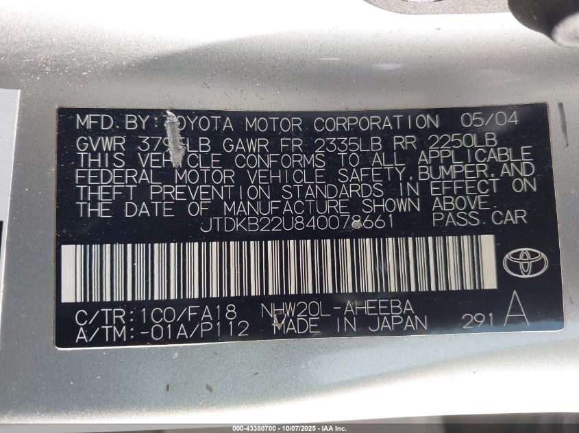 2004 Toyota Prius VIN: JTDKB22U840078661 Lot: 43380700