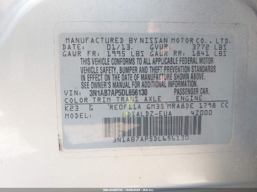 2013 Nissan Sentra Sv VIN: 3N1AB7AP5DL656130 Lot: 43380705