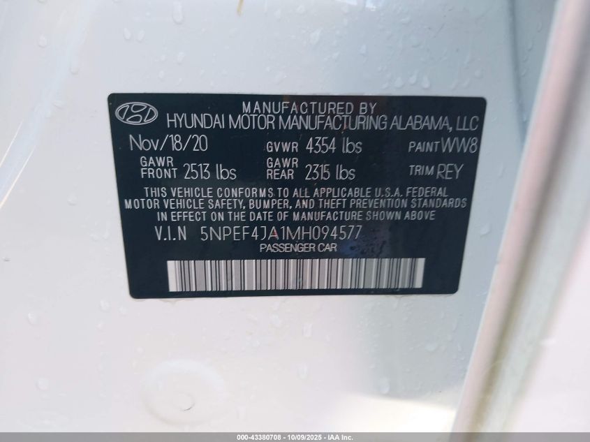 2021 Hyundai Sonata Sel VIN: 5NPEF4JA1MH094577 Lot: 43380708