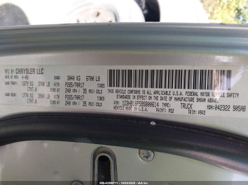 2009 Dodge Ram 1500 Slt/Sport/Trx VIN: 1D3HB18P59S800614 Lot: 43380711