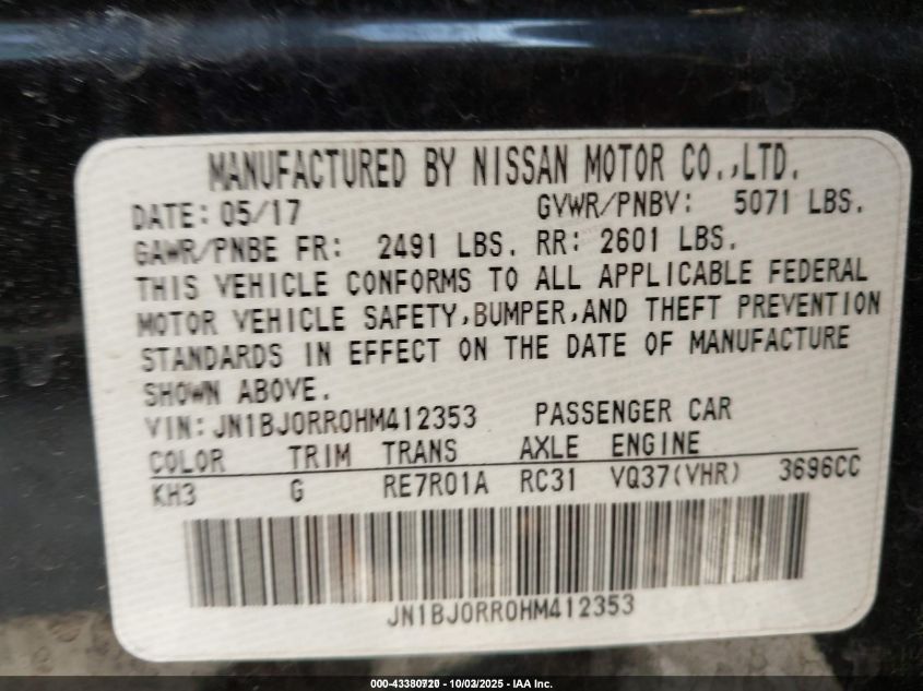 2017 Infiniti Qx50 VIN: JN1BJ0RR0HM412353 Lot: 43380720