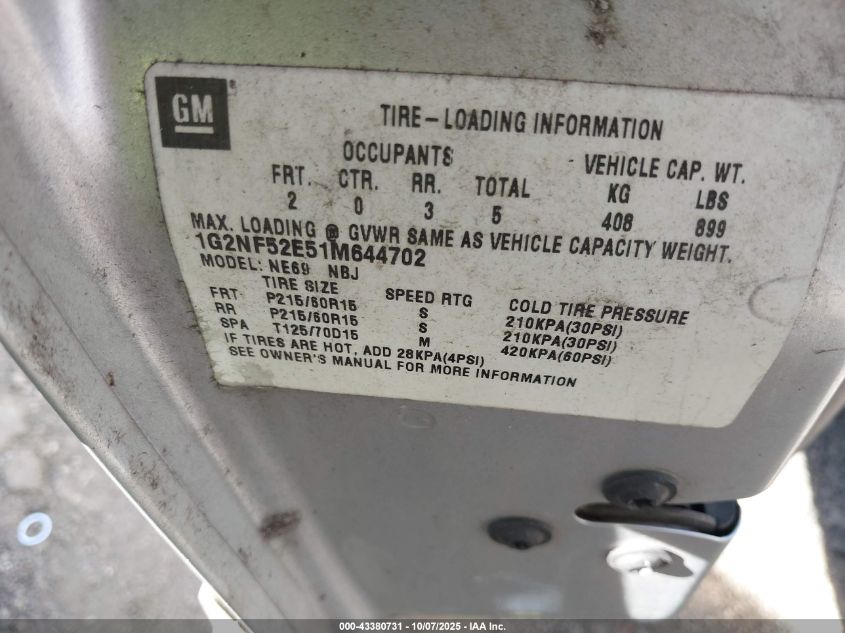 2001 Pontiac Grand Am Se1 VIN: 1G2NF52E51M644702 Lot: 43380731