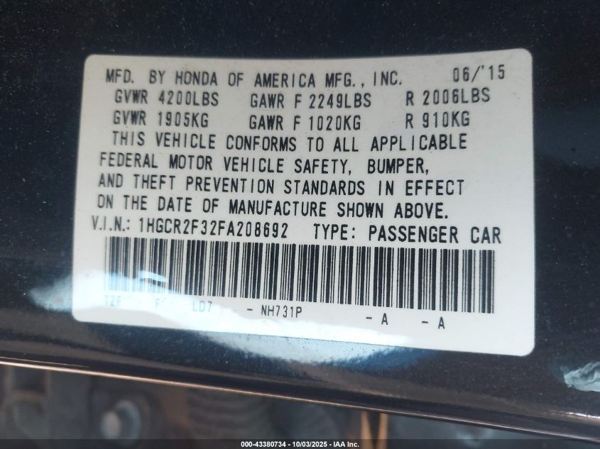 2015 Honda Accord Lx VIN: 1HGCR2F32FA208692 Lot: 43380734