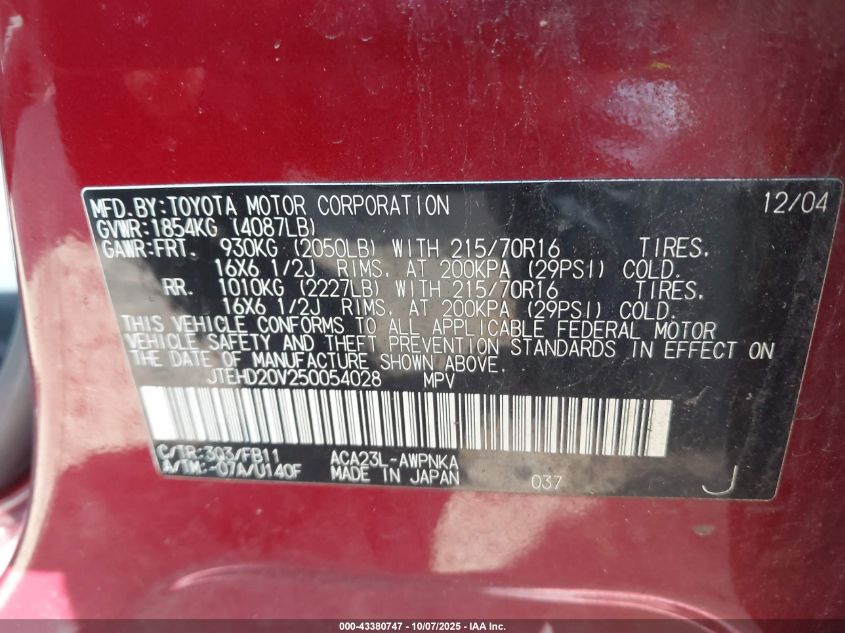 2005 Toyota Rav4 VIN: JTEHD20V250054028 Lot: 43380747