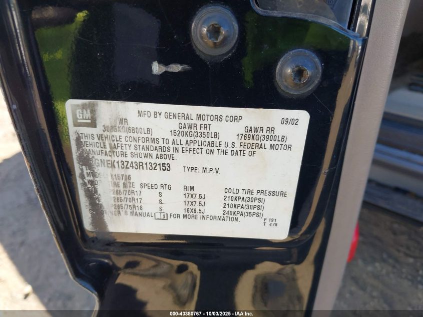 2003 Chevrolet Tahoe Z71 VIN: 1GNEK13Z43R132153 Lot: 43380767