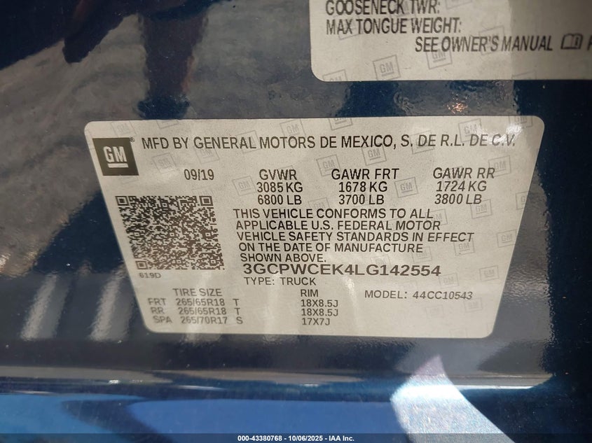 2020 Chevrolet Silverado 1500 2Wd Short Bed Lt VIN: 3GCPWCEK4LG142554 Lot: 43380768