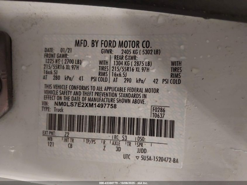 2021 Ford Transit Connect Xl VIN: NM0LS7E2XM1497758 Lot: 43380779