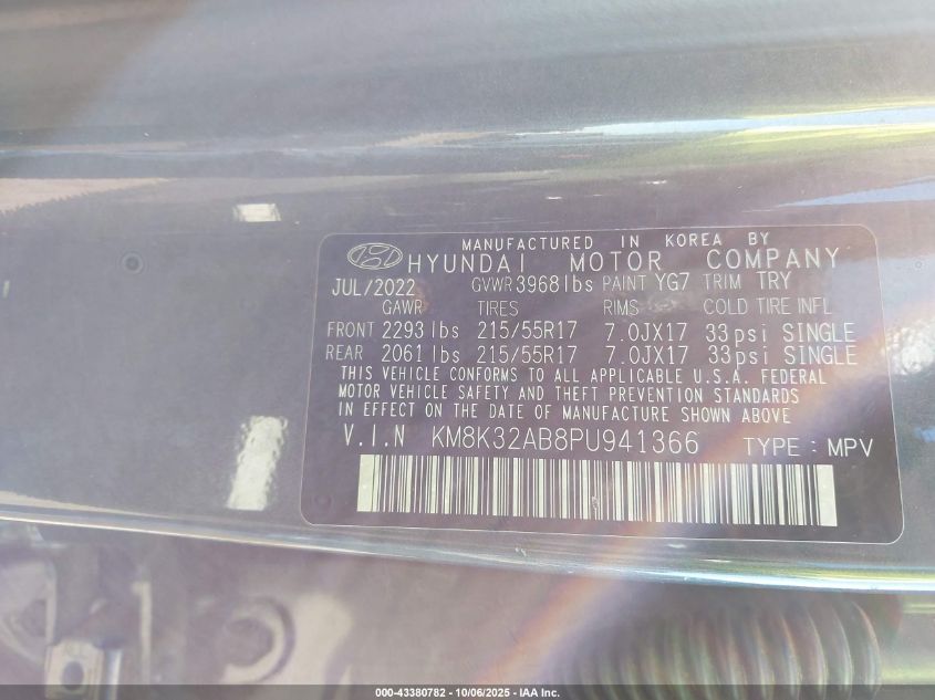 2023 Hyundai Kona Sel VIN: KM8K32AB8PU941366 Lot: 43380782