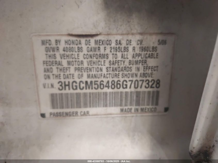 2006 Honda Accord 2.4 Lx VIN: 3HGCM56486G707328 Lot: 43380783