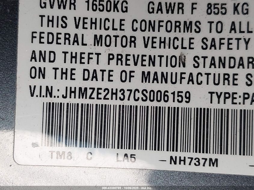 2012 Honda Insight VIN: JHMZE2H37CS006159 Lot: 43380789