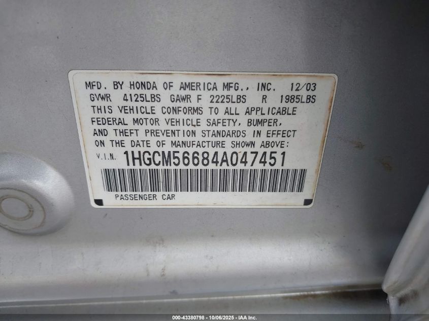 2004 Honda Accord 2.4 Ex VIN: 1HGCM56684A047451 Lot: 43380798