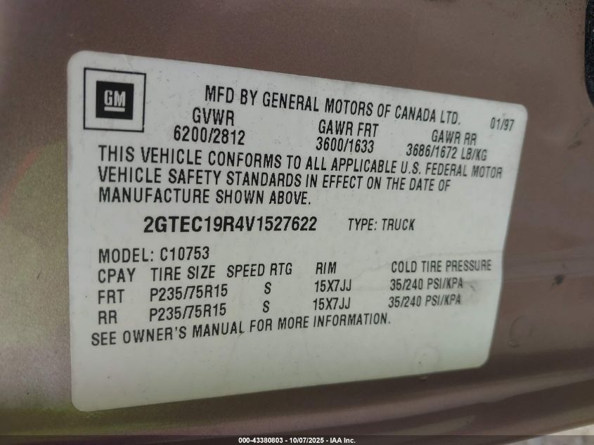 1997 GMC Sierra 1500 Sl Wideside VIN: 2GTEC19R4V1527622 Lot: 43380803