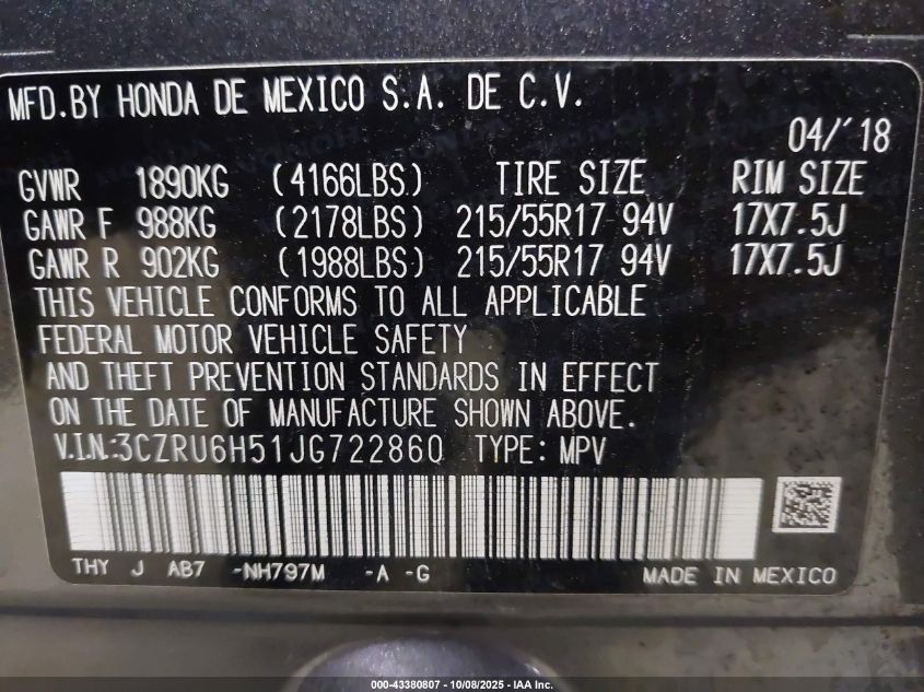 2018 Honda Hr-V Ex VIN: 3CZRU6H51JG722860 Lot: 43380807
