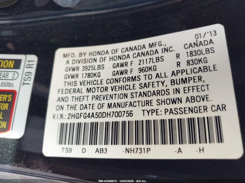 2013 Honda Civic Si VIN: 2HGFG4A50DH700756 Lot: 43380815