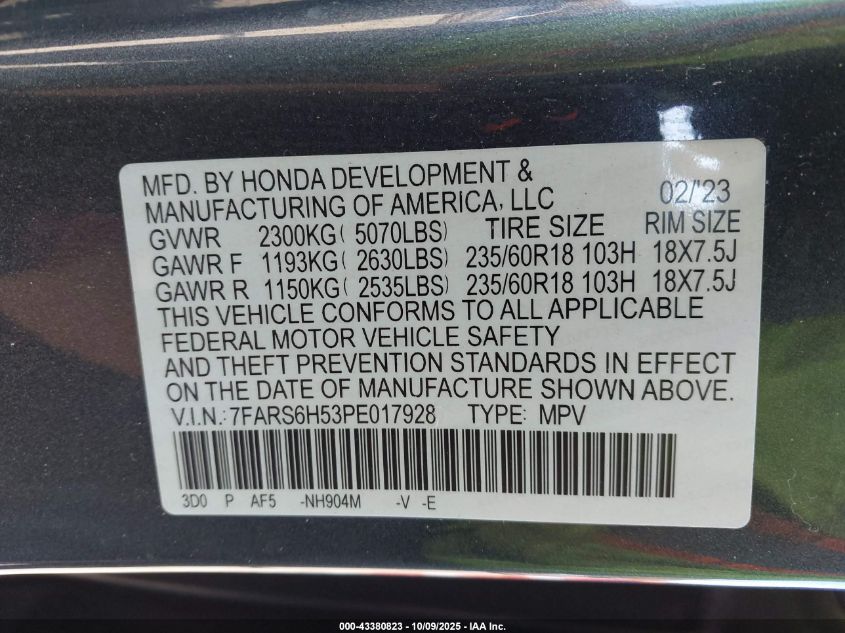 2023 Honda Cr-V Hybrid Sport VIN: 7FARS6H53PE017928 Lot: 43380823
