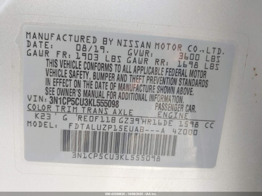 2019 Nissan Kicks Sr VIN: 3N1CP5CU3KL555098 Lot: 43380830