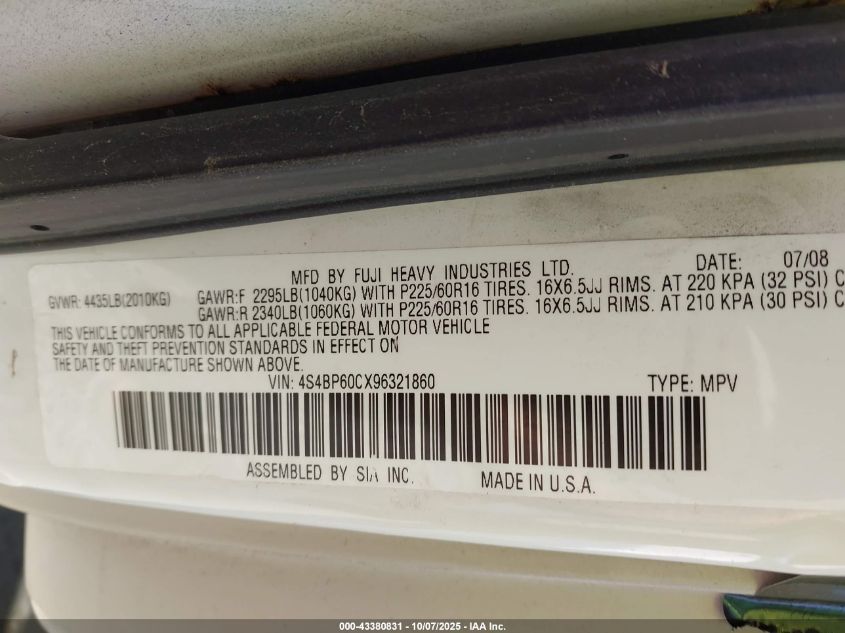 2009 Subaru Outback 2.5I VIN: 4S4BP60CX96321860 Lot: 43380831