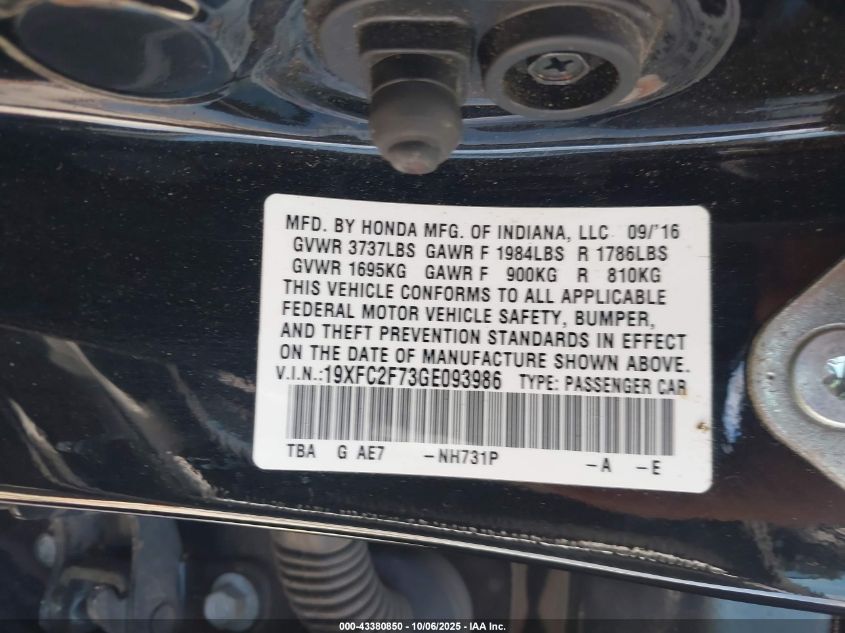 2016 Honda Civic Ex VIN: 19XFC2F73GE093986 Lot: 43380850