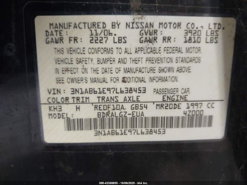 2007 Nissan Sentra 2.0Sl VIN: 3N1AB61E97L638453 Lot: 43380855