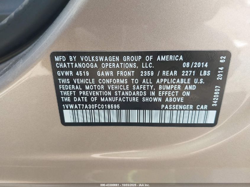 2015 Volkswagen Passat 1.8T Wolfsburg Edition VIN: 1VWAT7A30FC018595 Lot: 43380861