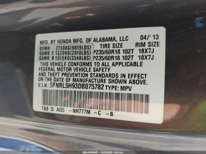2013 Honda Odyssey Touring/Touring Elite VIN: 5FNRL5H93DB075782 Lot: 43380867