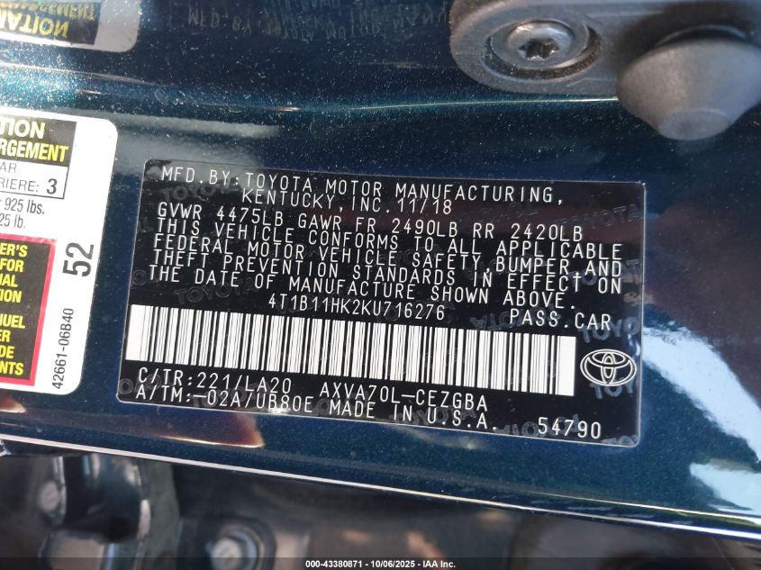 2019 Toyota Camry Xle VIN: 4T1B11HK2KU716276 Lot: 43380871