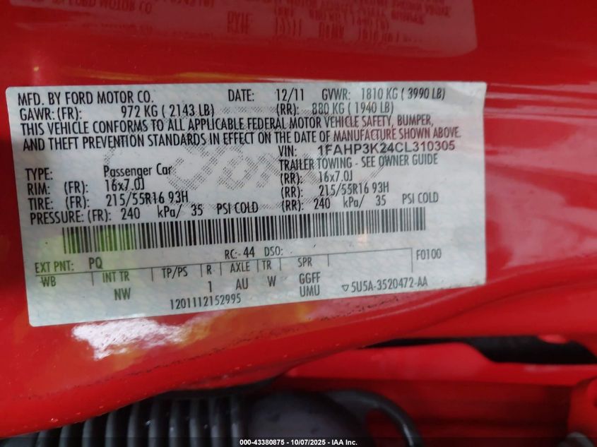 2012 Ford Focus Se VIN: 1FAHP3K24CL310305 Lot: 43380875