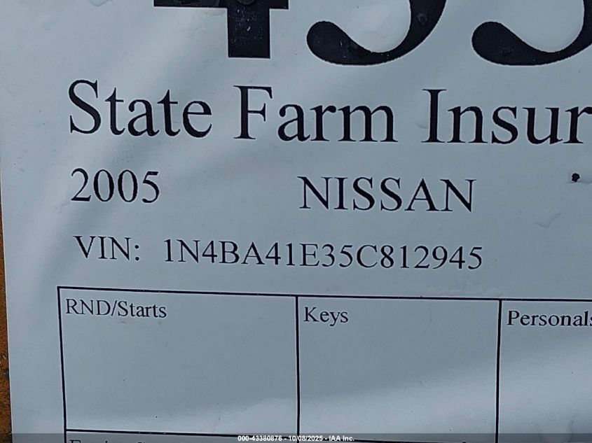 2005 Nissan Maxima 3.5 Se VIN: 1N4BA41E35C812945 Lot: 43380876