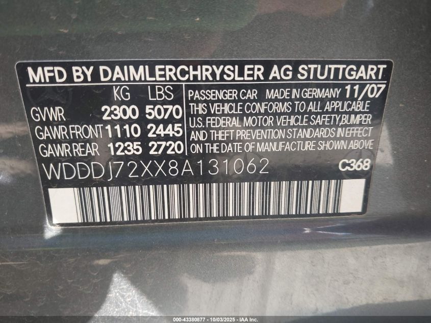 2008 Mercedes-Benz Cls 550 VIN: WDDDJ72XX8A131062 Lot: 43380877