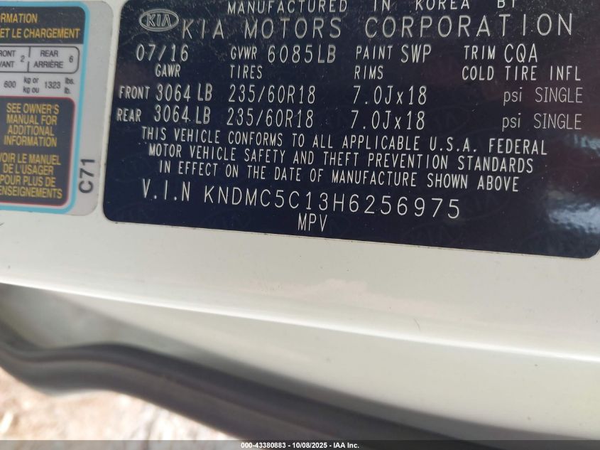 2017 Kia Sedona Ex VIN: KNDMC5C13H6256975 Lot: 43380883