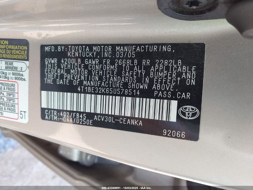 2005 Toyota Camry Std VIN: 4T1BE32K65U578514 Lot: 43380891