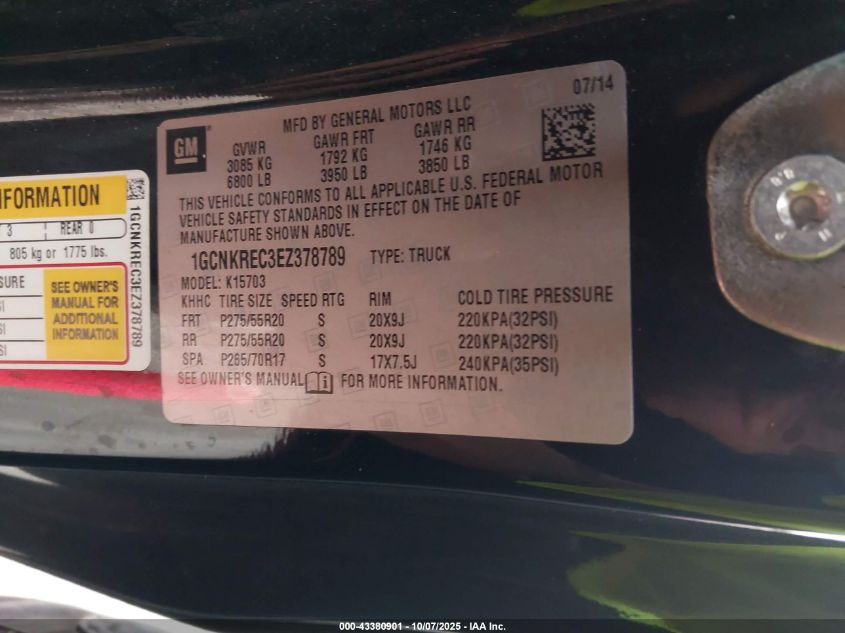 2014 Chevrolet Silverado 1500 2Lt VIN: 1GCNKREC3EZ378789 Lot: 43380901