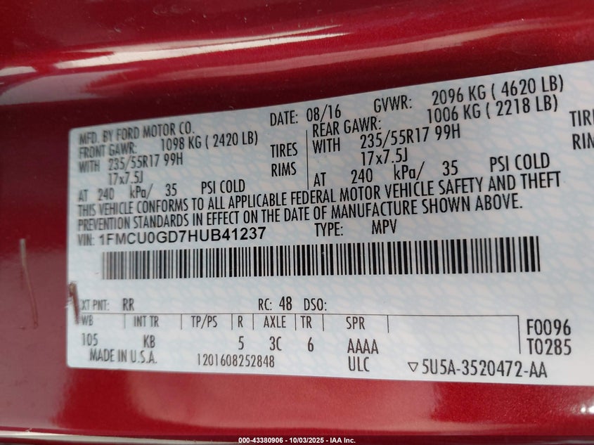 2017 FORD ESCAPE SE - 1FMCU0GD7HUB41237