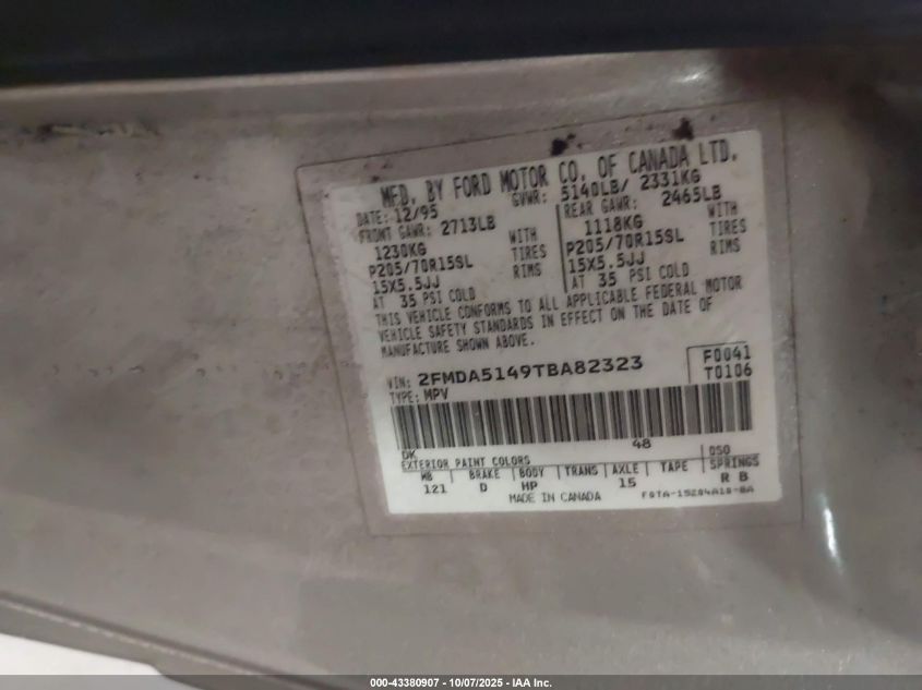 1996 Ford Windstar Wagon VIN: 2FMDA5149TBA82323 Lot: 43380907