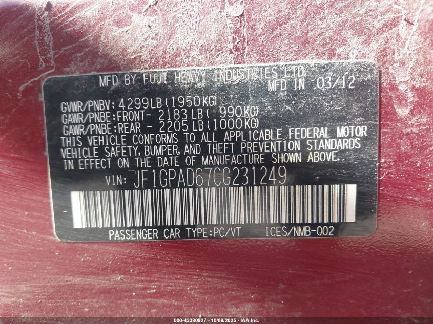 2012 Subaru Impreza 2.0I Premium VIN: JF1GPAD67CG231249 Lot: 43380927