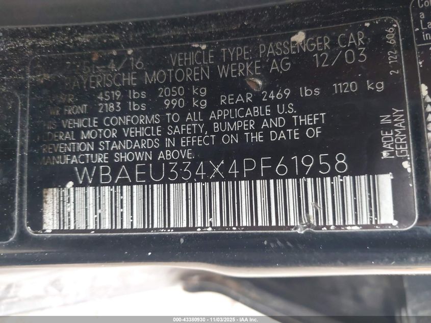 2004 BMW 325Xi VIN: WBAEU334X4PF61958 Lot: 43380930