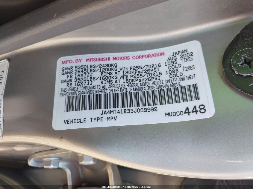 2003 Mitsubishi Montero Sport Ltd VIN: JA4MT41R33J009992 Lot: 43380939