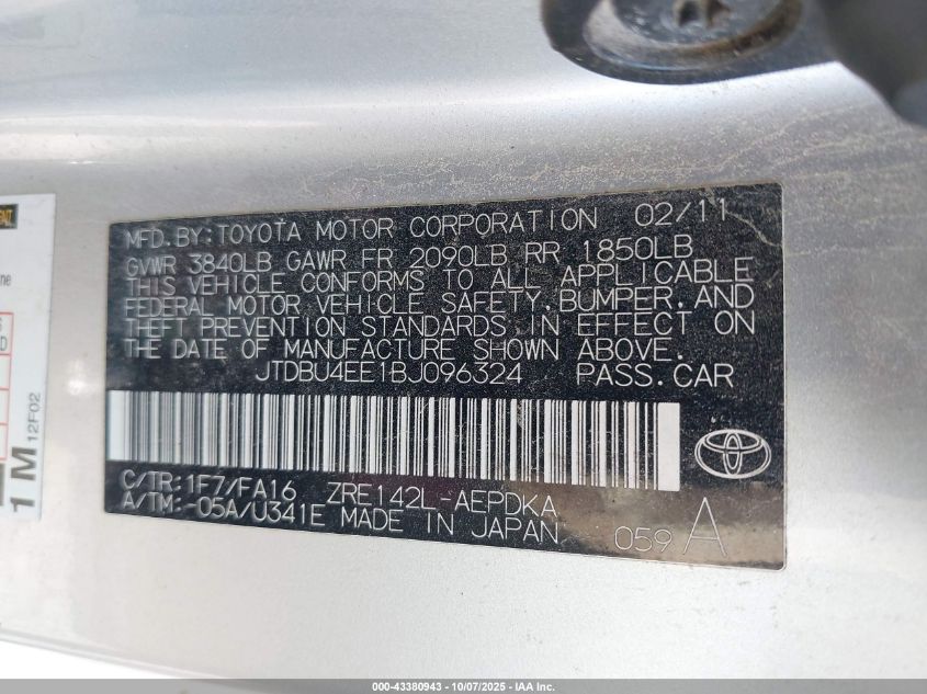 2011 Toyota Corolla VIN: JTDBU4EE1BJ096324 Lot: 43380943