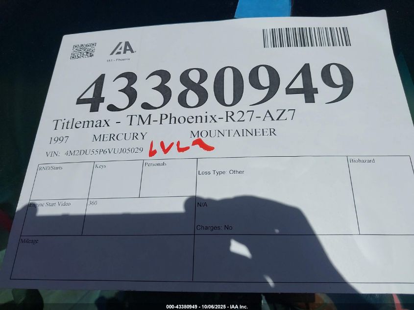 1997 Mercury Mountaineer VIN: 4M2DU55P6VUJ05029 Lot: 43380949