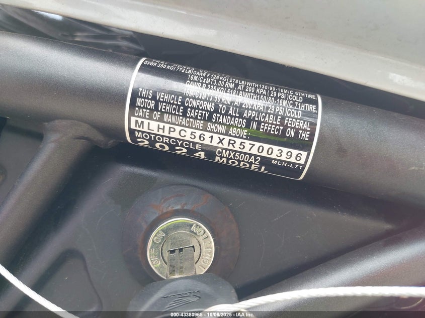 2024 Honda Cmx500 A2 VIN: MLHPC561XR5700396 Lot: 43380965