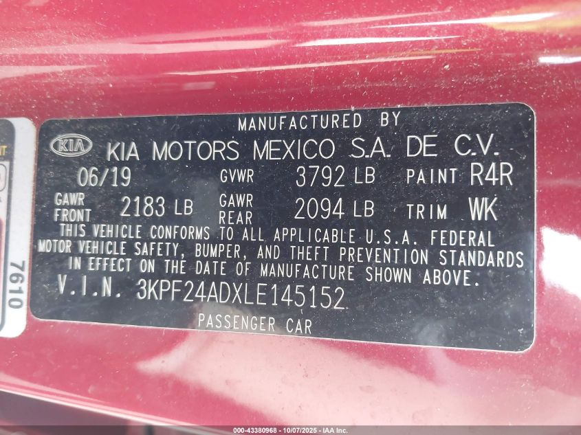 2020 Kia Forte Lxs VIN: 3KPF24ADXLE145152 Lot: 43380968