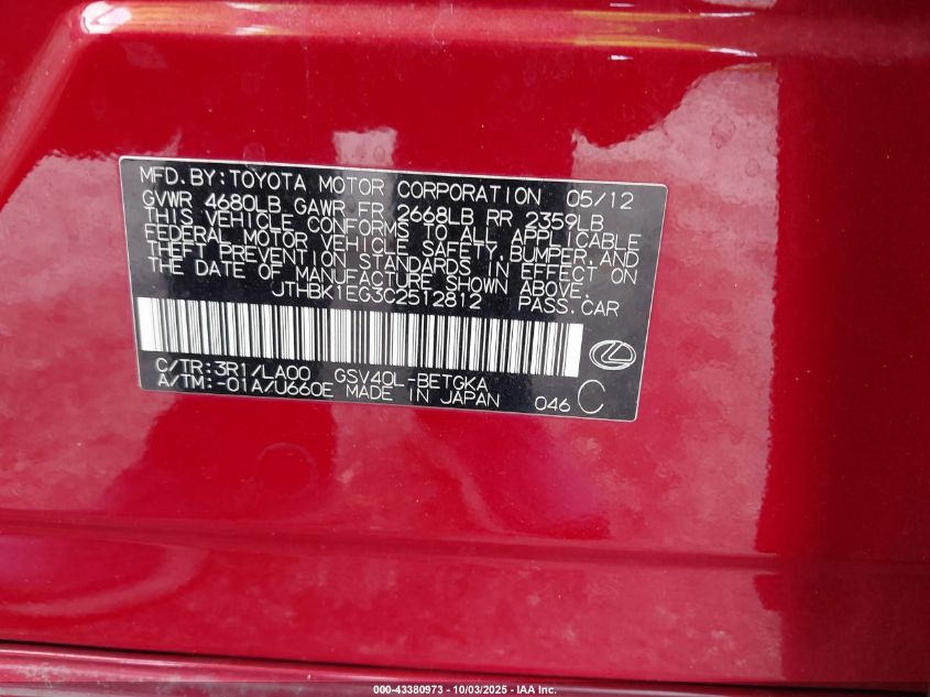 2012 Lexus Es 350 VIN: JTHBK1EG3C2512812 Lot: 43380973