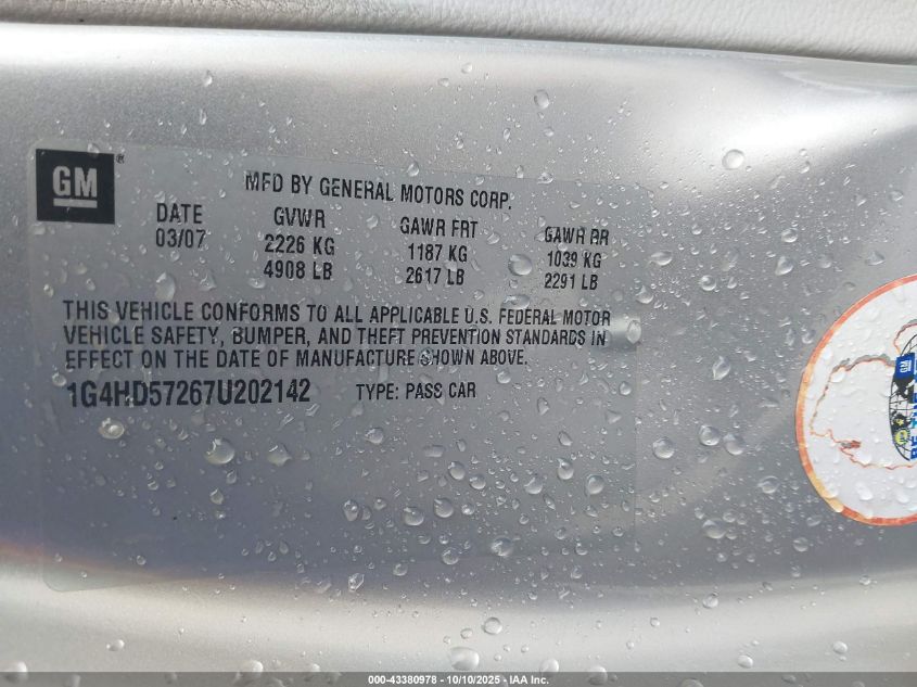 2007 Buick Lucerne Cxl VIN: 1G4HD57267U202142 Lot: 43380978