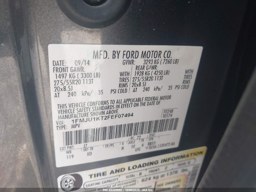 2015 Ford Expedition Limited VIN: 1FMJU1KT2FEF07494 Lot: 43380980