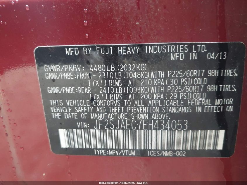 2014 Subaru Forester 2.5I Premium VIN: JF2SJAEC7EH434053 Lot: 43380992