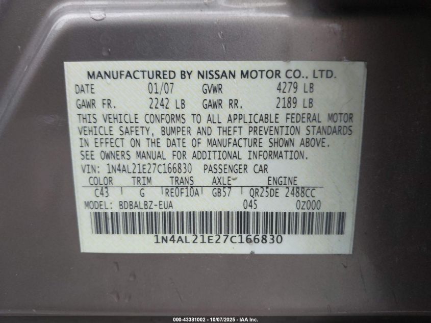 2007 Nissan Altima 2.5 S VIN: 1N4AL21E27C166830 Lot: 43381002